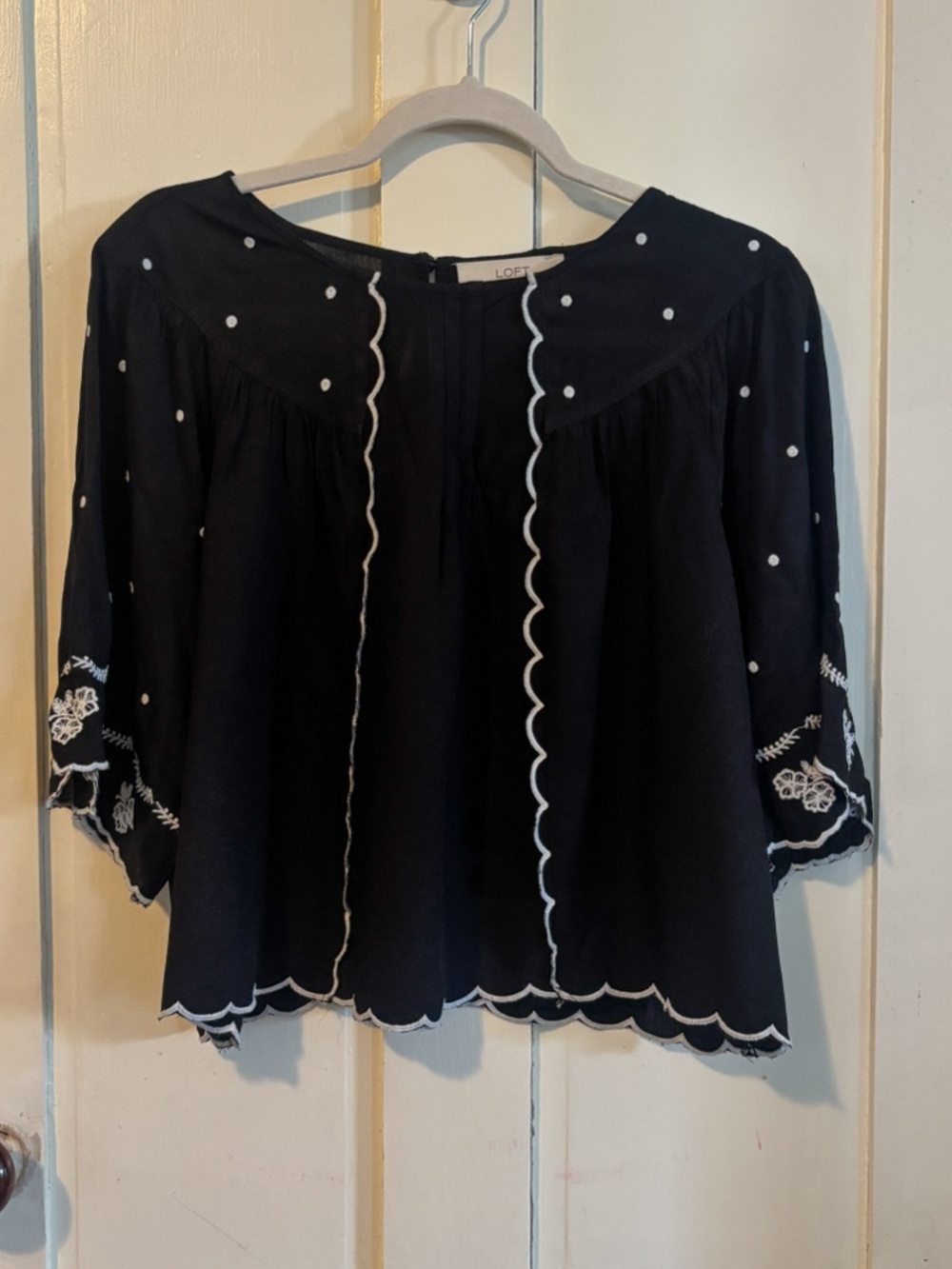 LOFT black Embroidered Scallop-Trim DC Blouse
